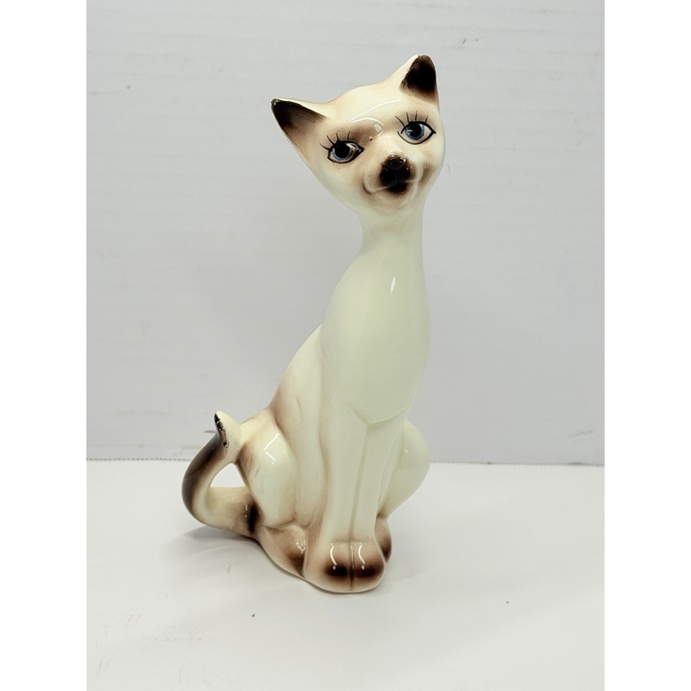 Vintage Siamese Cat Figurine Ceramic Blue Eyes Long Neck Made in Taiwan 8"